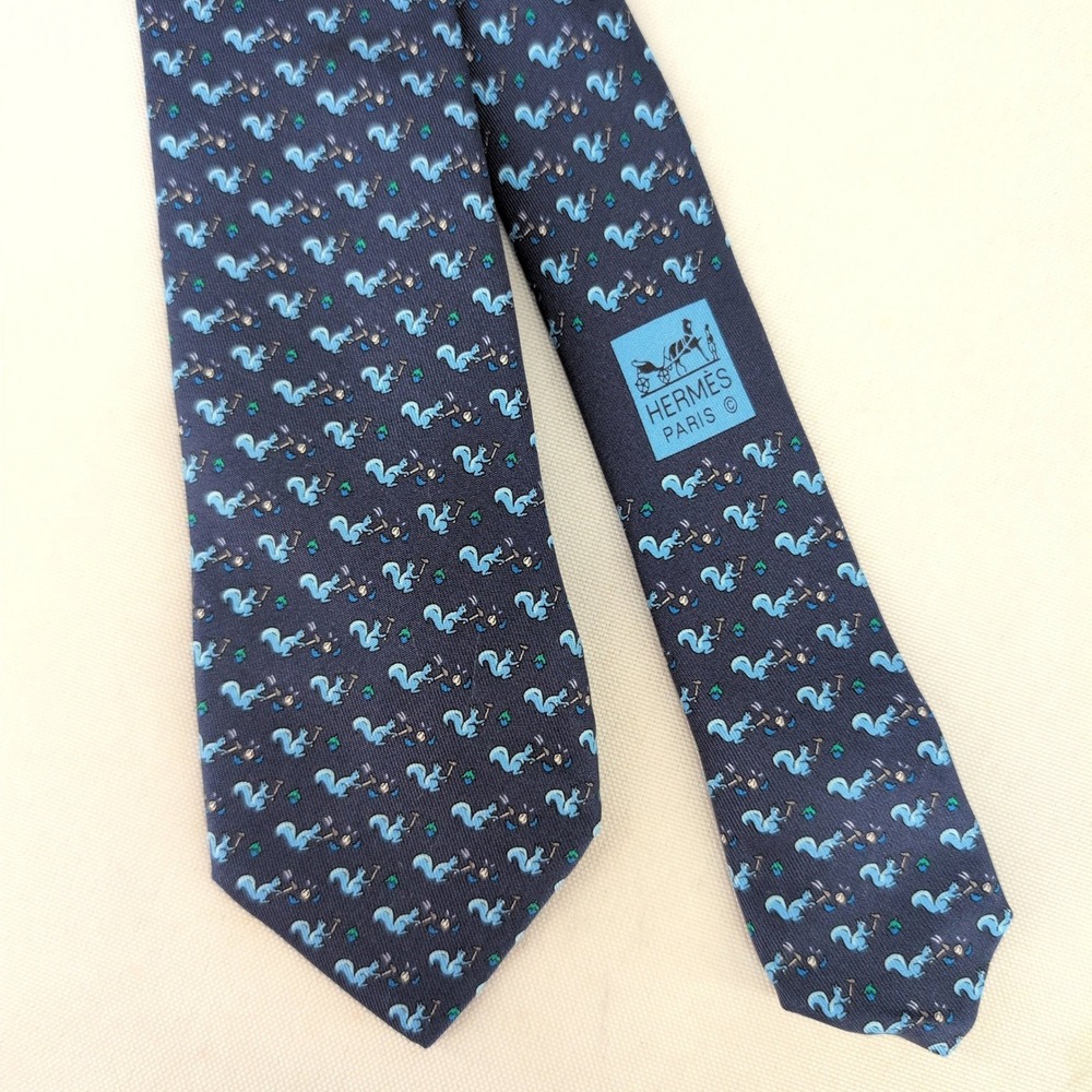Hermes Silk Necktie Navy Blue Squirrel Cracking Nut Animal Print Made in France